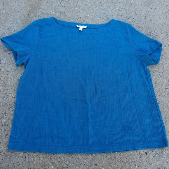Eileen Fisher Organic Cotton Teal Boxy Top Boat Neck Minimalist Women’s M - Picture 3 of 7